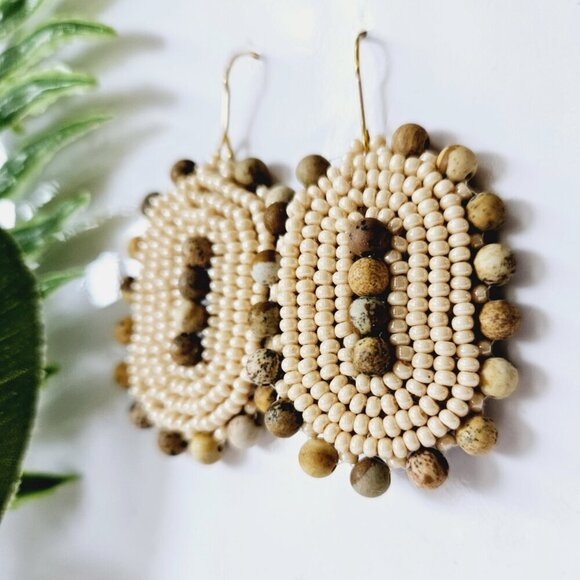 Beaded Tan Bohemian Shield Hoop Earrings | Handmade Indigenous Earrings - Picture 6 of 6